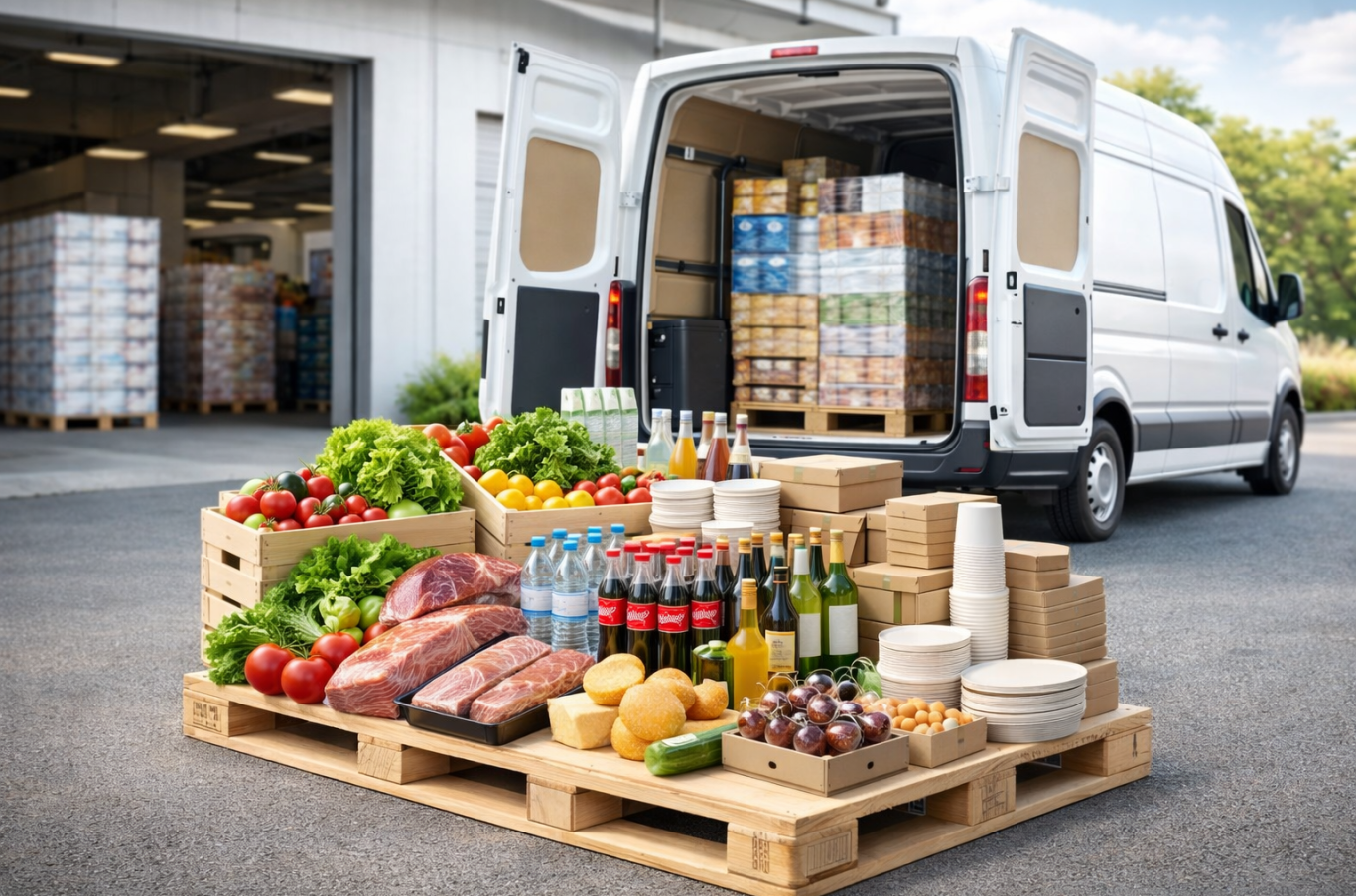 KI-generiert, Bremer Gastro GmbH Ein Lieferwagen wird an einer Lagerhalle beladen; davor steht eine Palette mit Lebensmitteln, Getränken und Verpackungsartikeln.